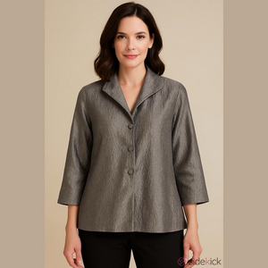 Eileen Fisher 100% Silk Crinkle Textured Jacket Medium Silver Button Up